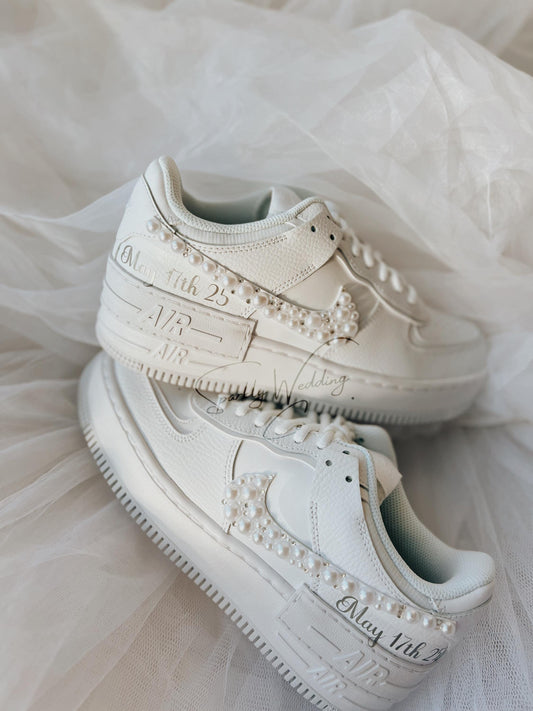 Custom Air Force Shadow-Style Wedding Sneakers with Pearls & Rhinestones