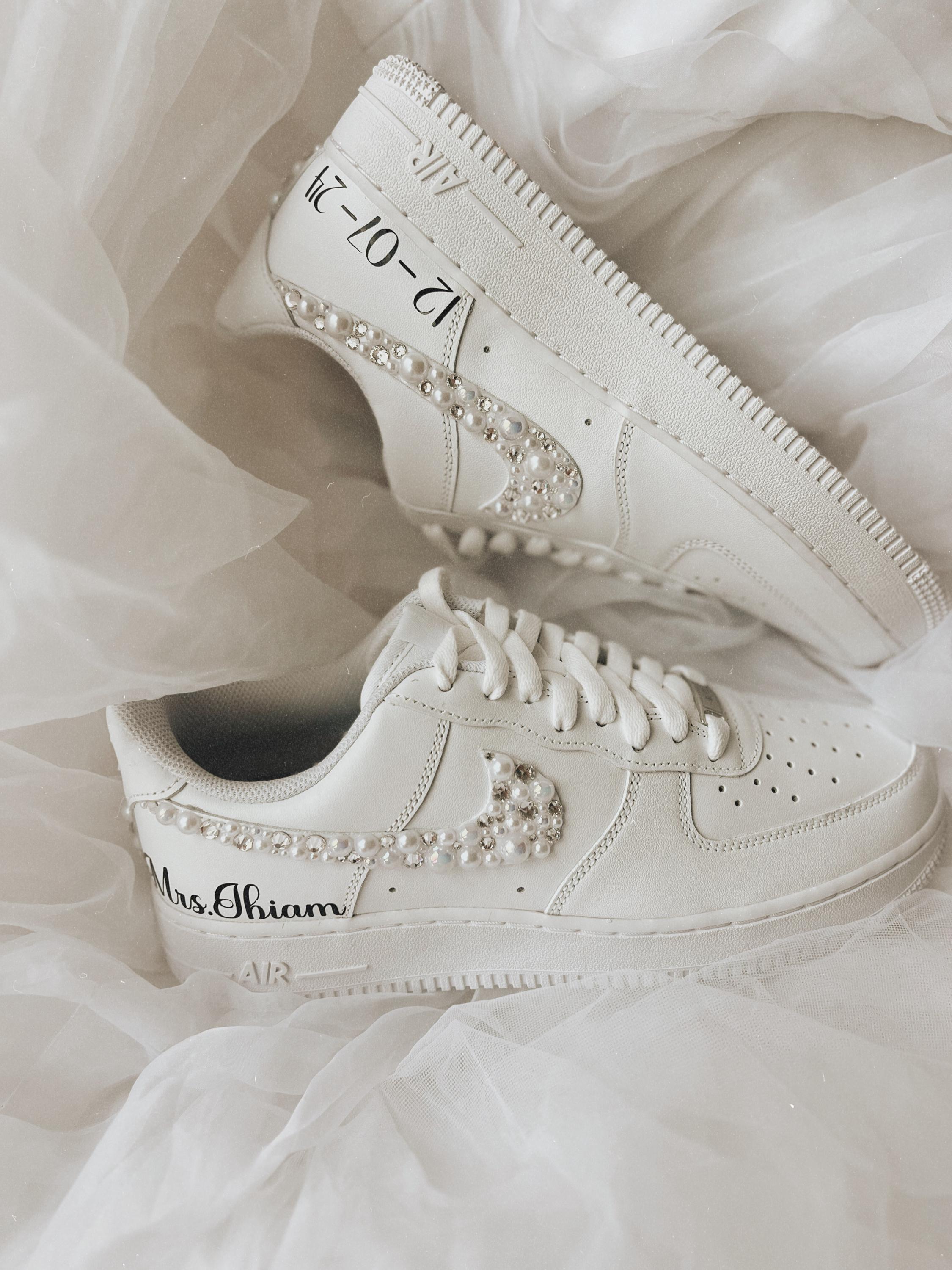 Rhinestone & Pearl Wedding Sneakers: Personalized Bridal Air Force 1