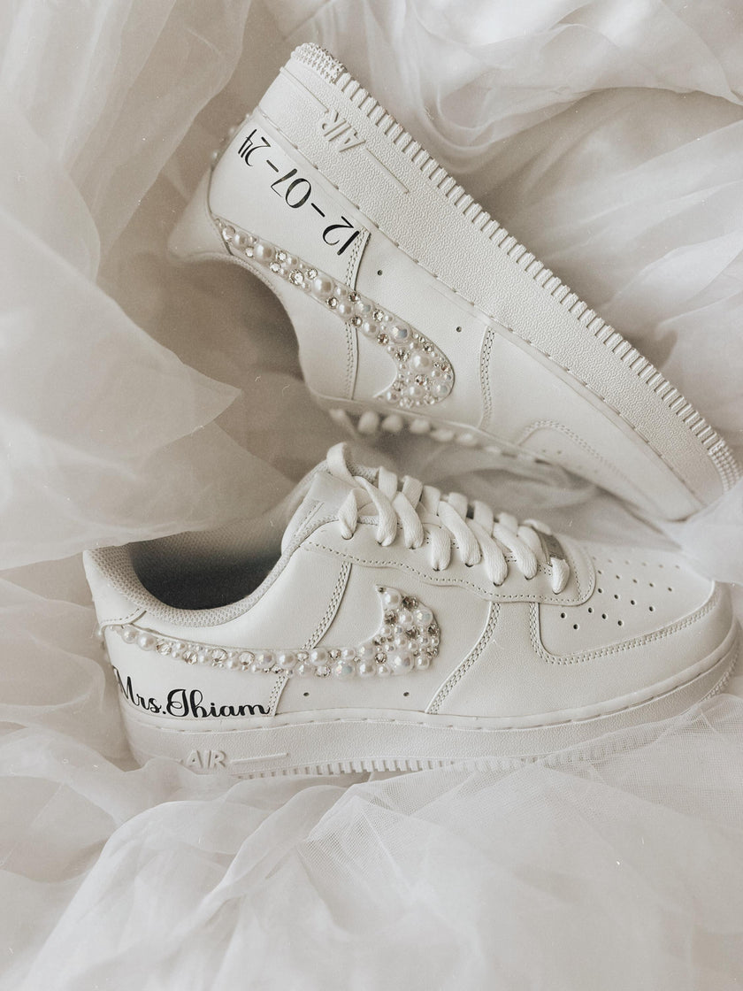 Rhinestone & Pearl Wedding Sneakers: Personalized Bridal Air Force 1