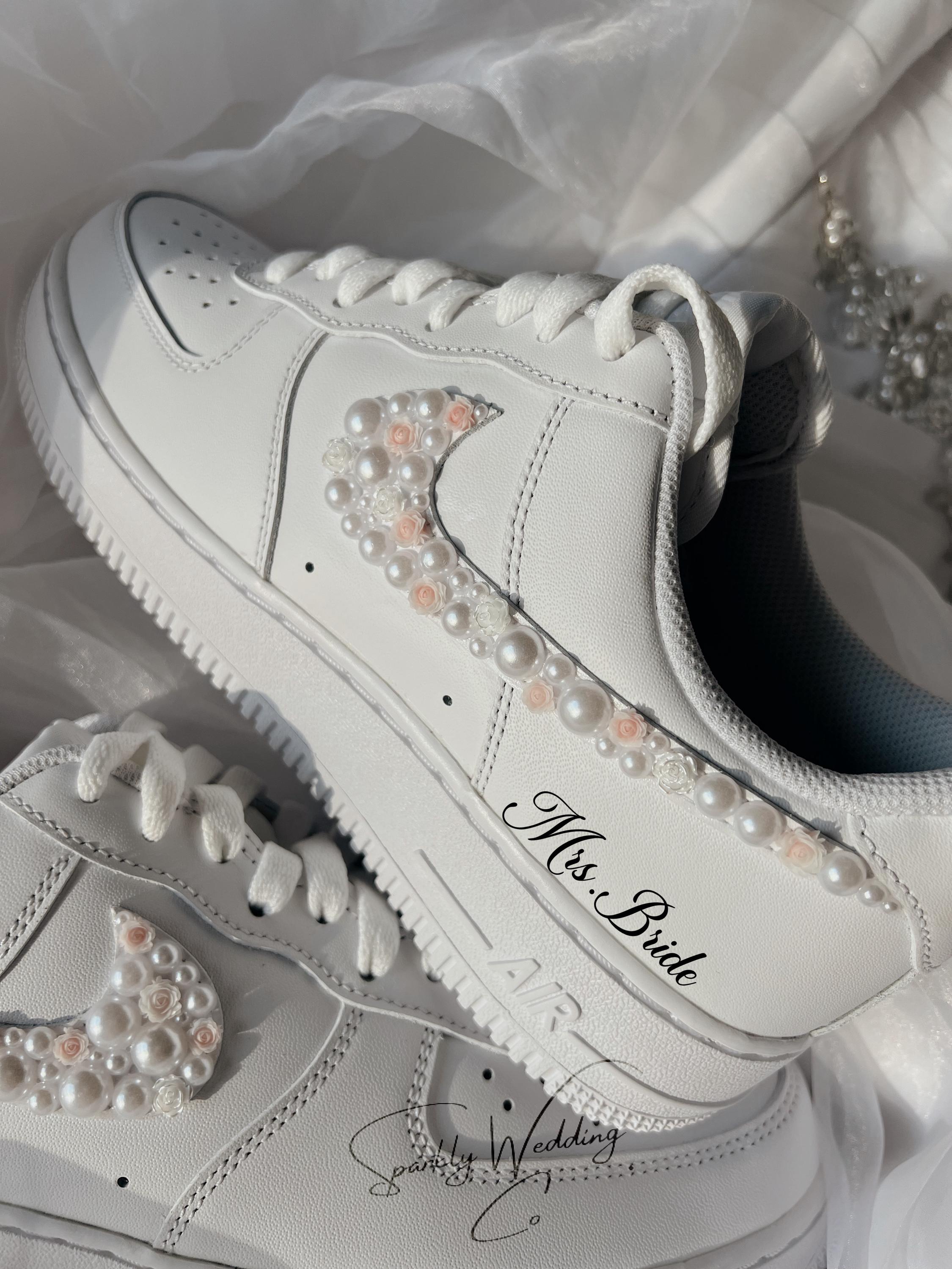 Air Force 1 Wedding Sneakers with Pearls & Pink Roses – Custom Bridal Shoes