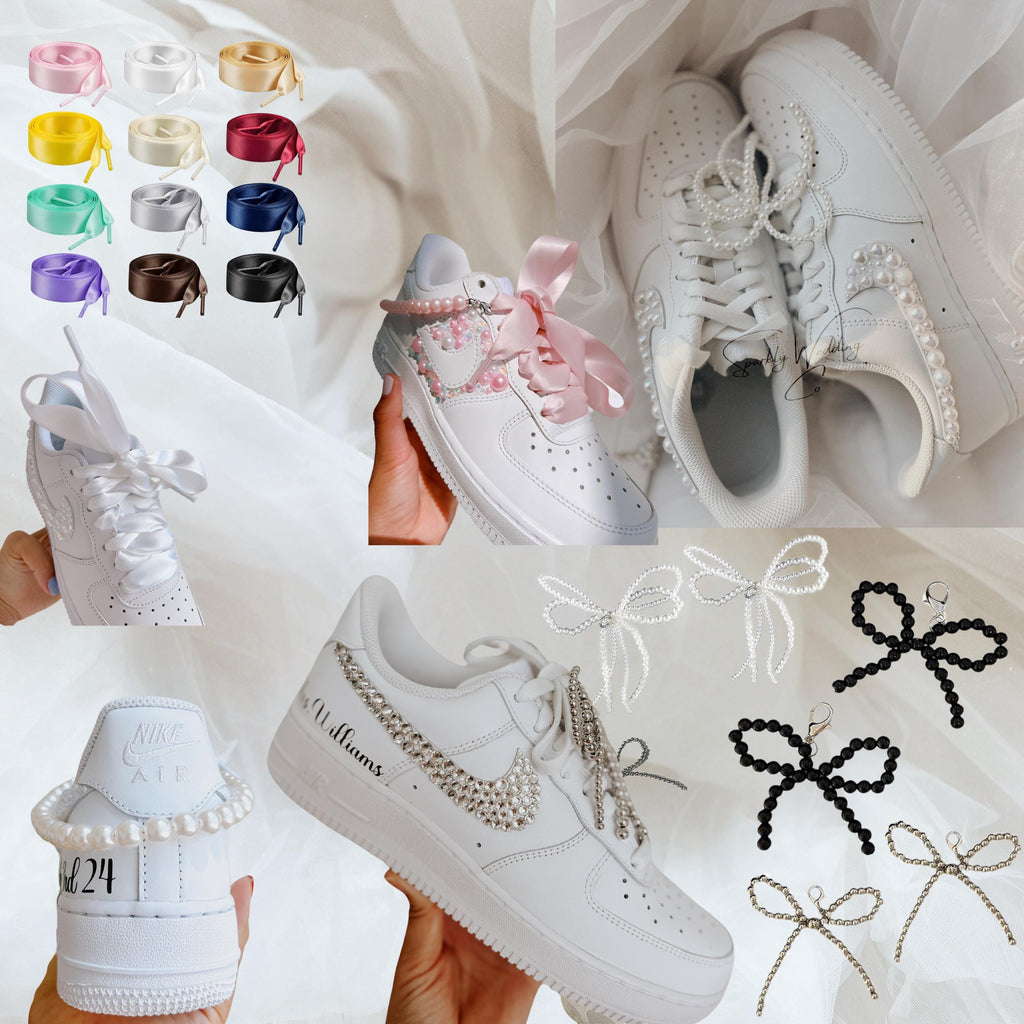 Wedding Shoes Custom Nike Air Force Sage for Bride with White Pink Pearls – Personalized Bridal Sneakers