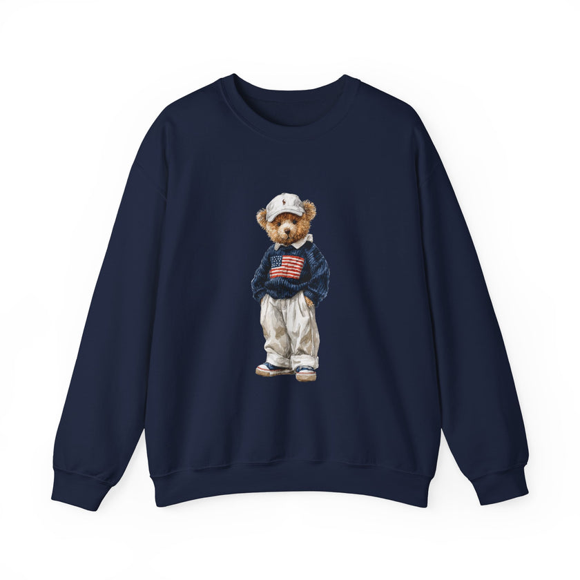 Bear Wearing Flag Sweater Crewneck Sweatshirt | Vintage Polo Bear Design