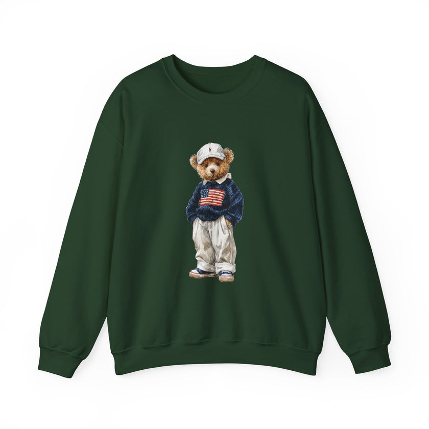 Bear Wearing Flag Sweater Crewneck Sweatshirt | Vintage Polo Bear Design