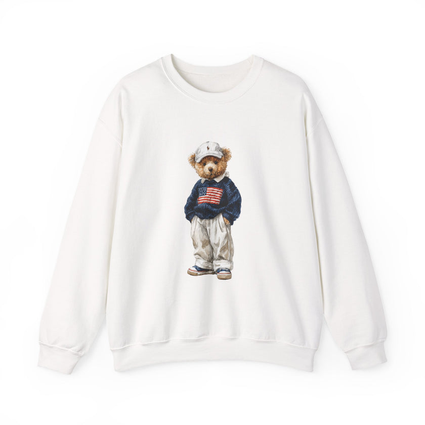 Bear Wearing Flag Sweater Crewneck Sweatshirt | Vintage Polo Bear Design