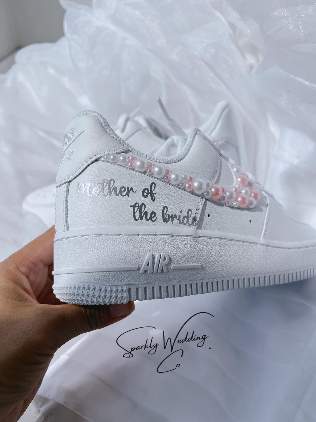 Wedding Shoes Custom Nike Air Force Sage for Bride with White Pink Pearls – Personalized Bridal Sneakers