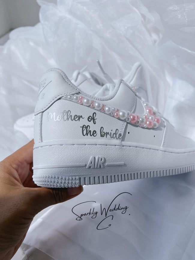 Wedding Shoes Custom Nike Air Force Sage for Bride with White Pink Pearls – Personalized Bridal Sneakers