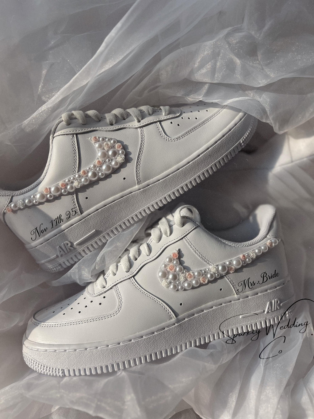 Air Force 1 Wedding Sneakers with Pearls & Pink Roses – Custom Bridal Shoes