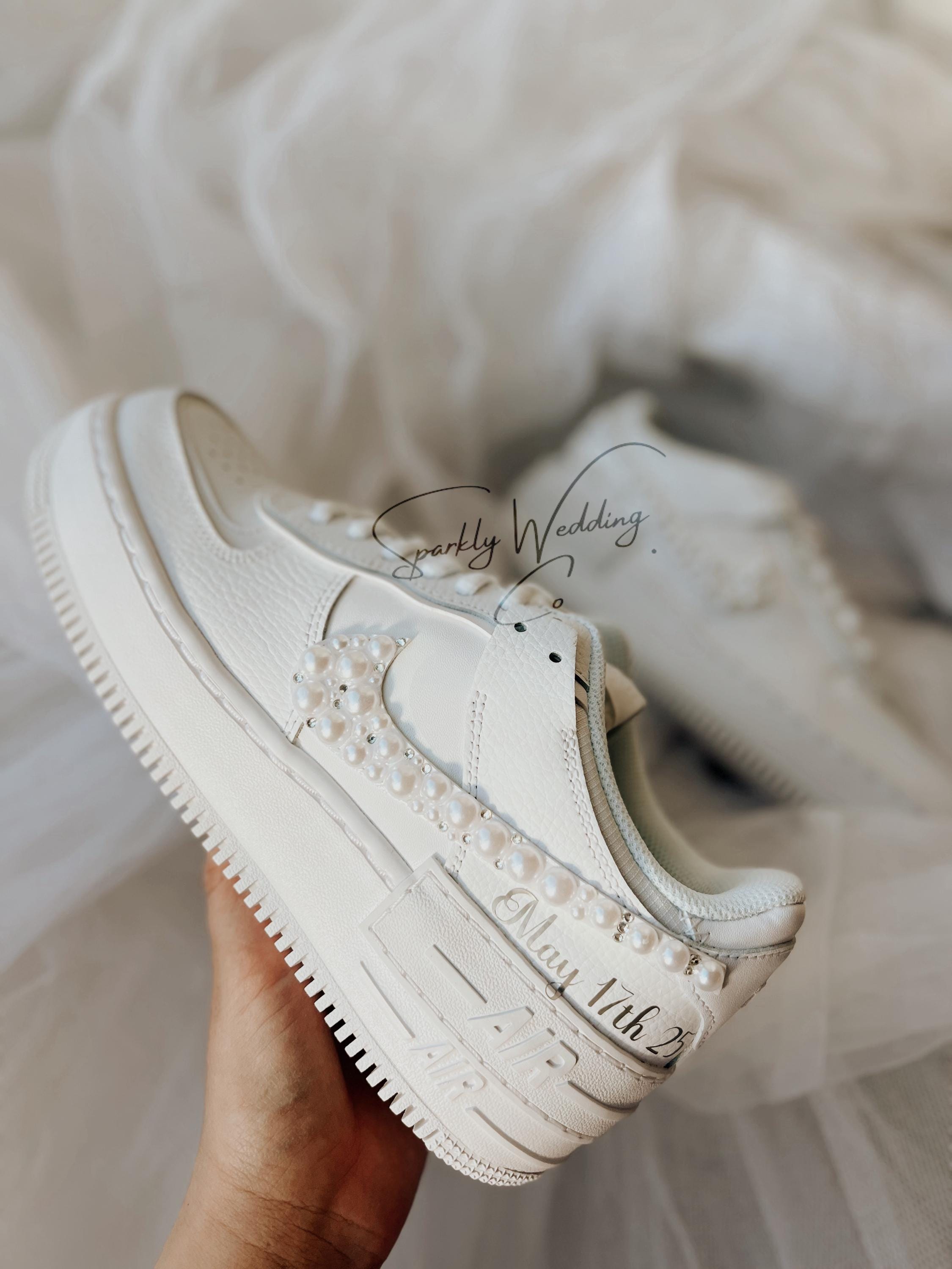 Custom Air Force Shadow-Style Wedding Sneakers with Pearls & Rhinestones