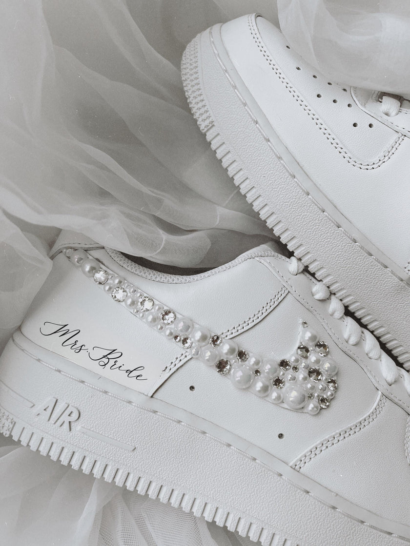 Rhinestone & Pearl Wedding Sneakers: Personalized Bridal Air Force 1
