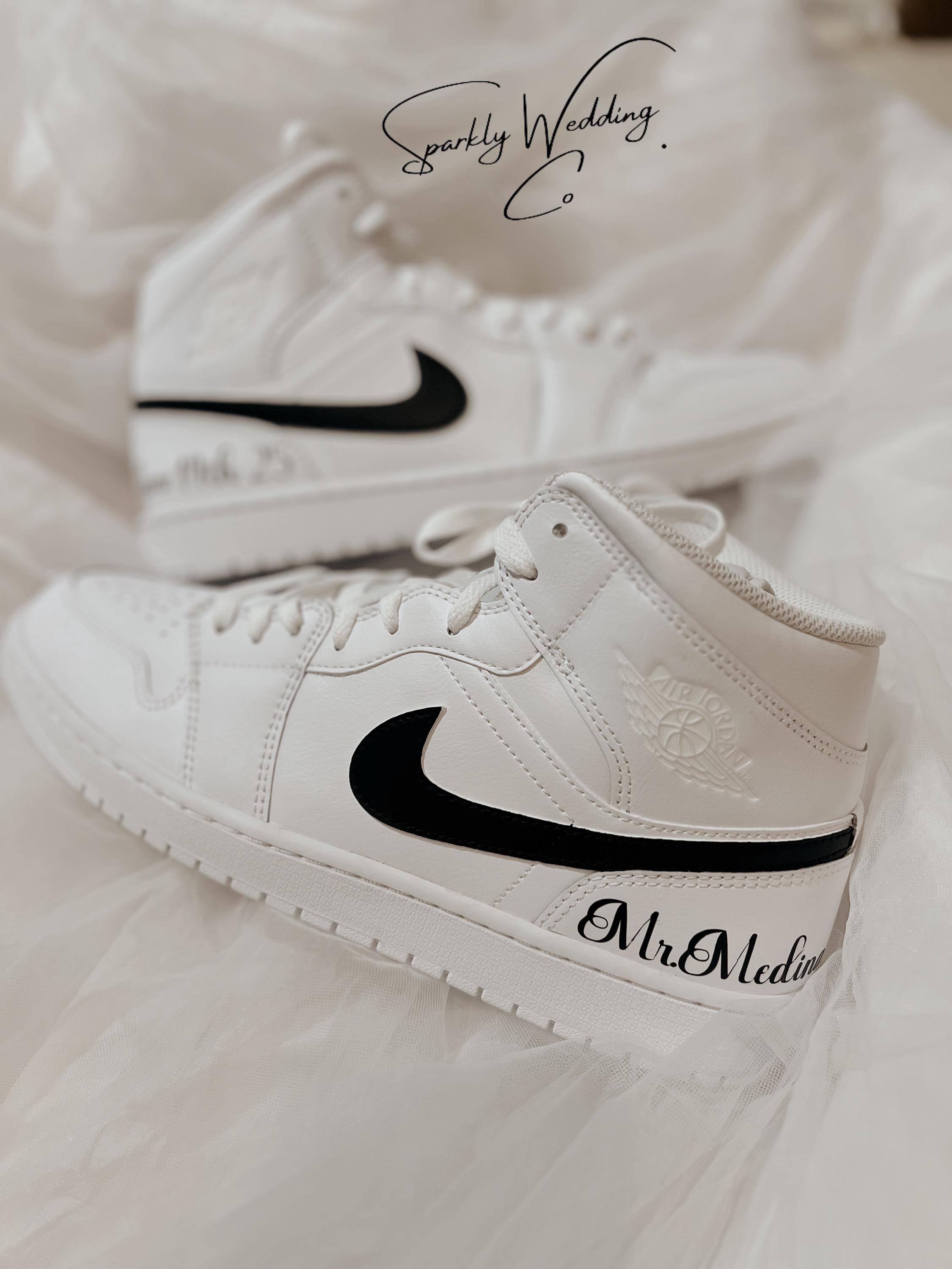 Groom's Painted Swoosh Wedding Sneakers | Custom Nike Air Jordan Mid