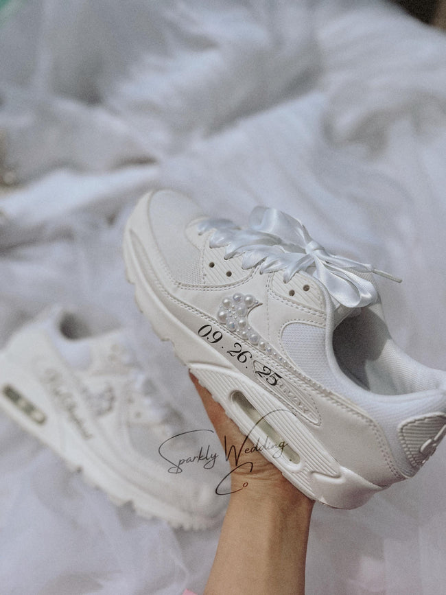 Pearl Swoosh Bridal Sneakers | Custom Nike Air Max 90 Wedding Shoes for Bride