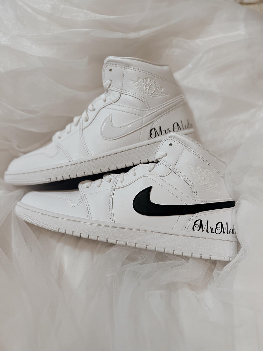 Groom's Painted Swoosh Wedding Sneakers | Custom Nike Air Jordan Mid