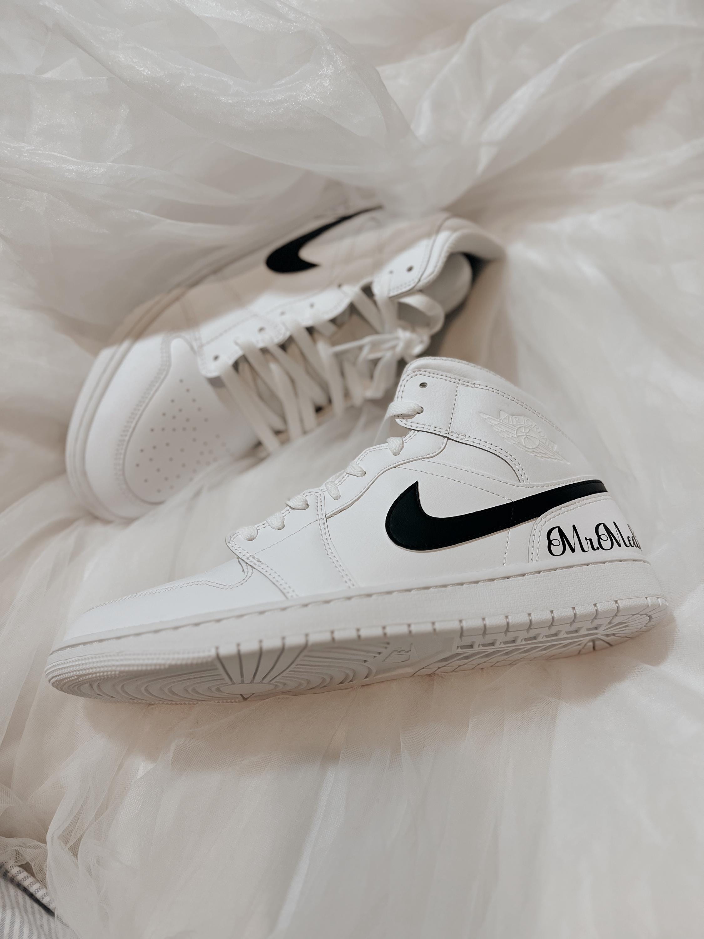 Groom's Painted Swoosh Wedding Sneakers | Custom Nike Air Jordan Mid