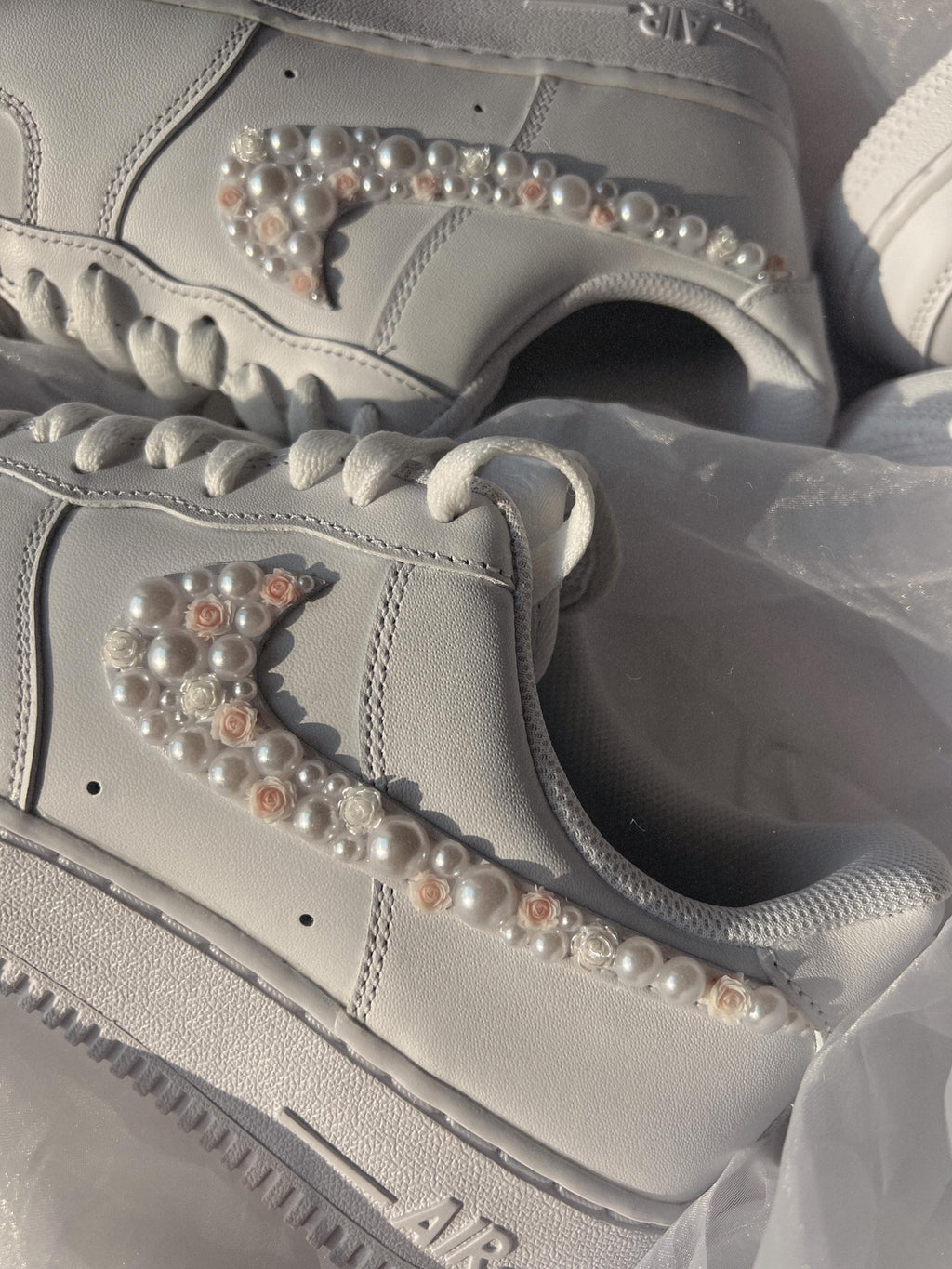 Air Force 1 Wedding Sneakers with Pearls & Pink Roses – Custom Bridal Shoes