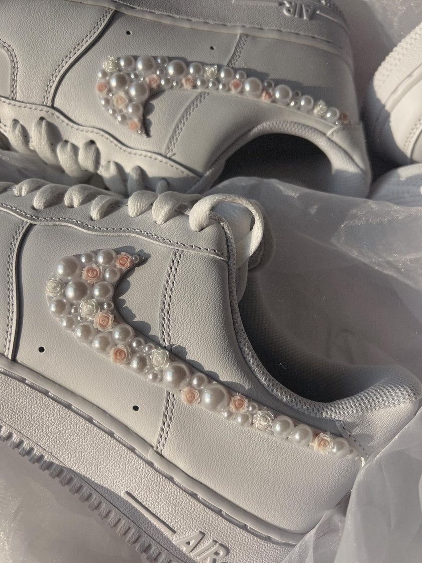 Air Force 1 Wedding Sneakers with Pearls & Pink Roses – Custom Bridal Shoes