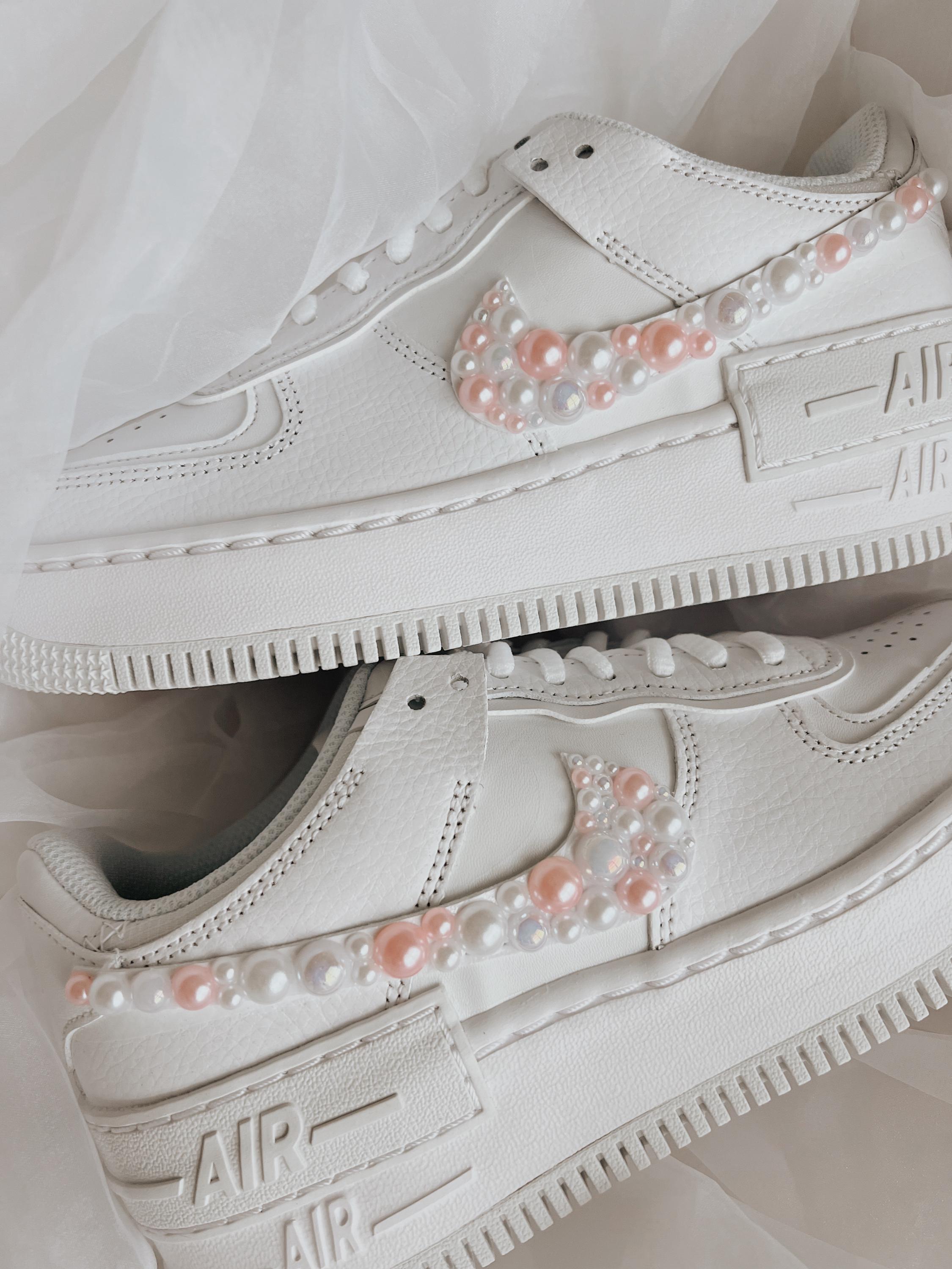 Custom Wedding Sneakers – Nike Air Force 1 Shadow Bridal Shoes with Pearls