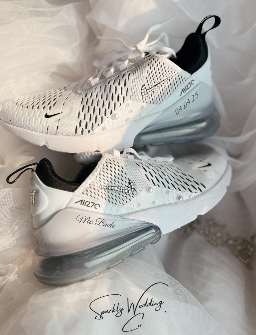 Air Max 270 Bridal Sneakers: White Pearls & Blue Crystals - Personalized Wedding Shoes