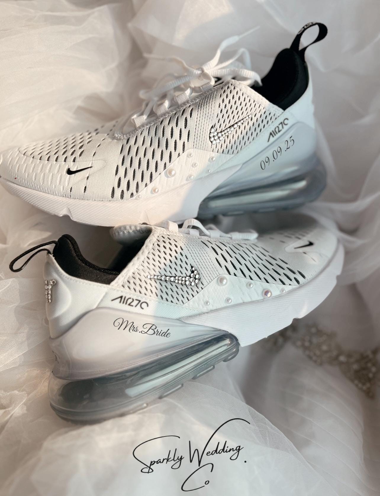 Air Max 270 Bridal Sneakers: White Pearls & Blue Crystals - Personalized Wedding Shoes