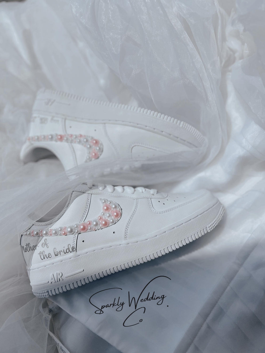 Wedding Shoes Custom Nike Air Force Sage for Bride with White Pink Pearls – Personalized Bridal Sneakers