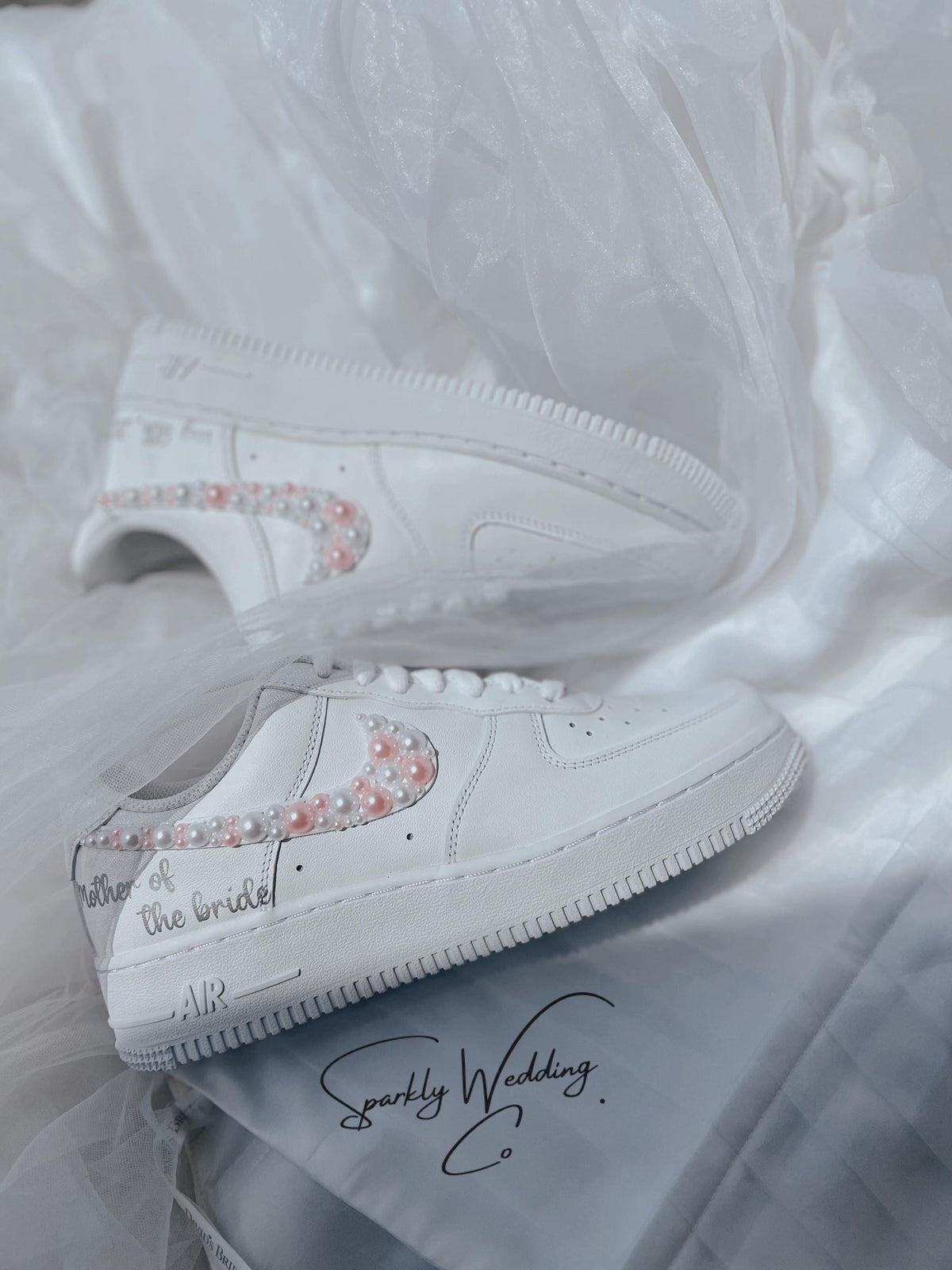 Wedding Shoes Custom Nike Air Force Sage for Bride with White Pink Pearls – Personalized Bridal Sneakers