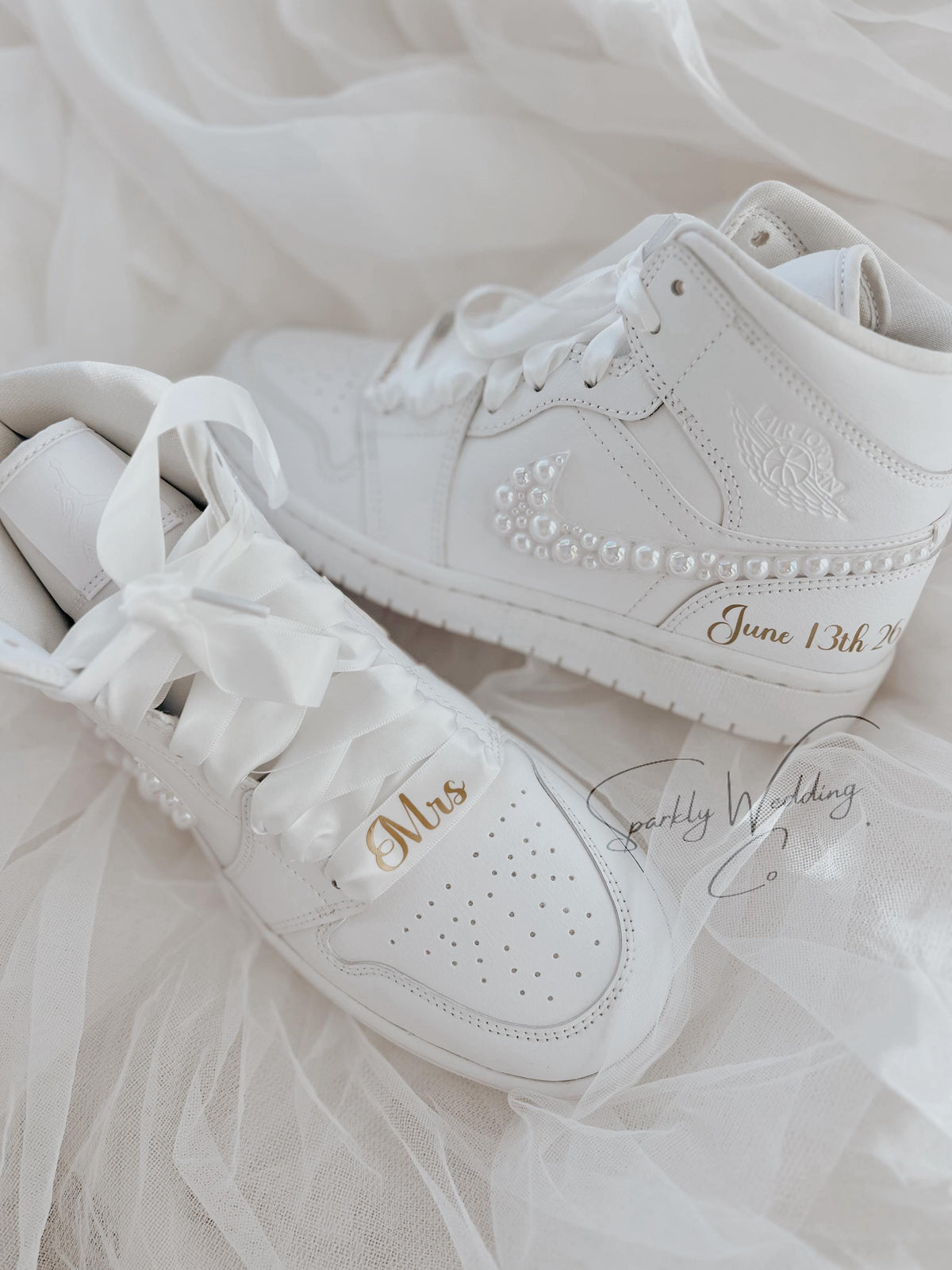Pearl Swoosh Bridal Sneakers | Custom Nike Air Jordan Mid for Bride