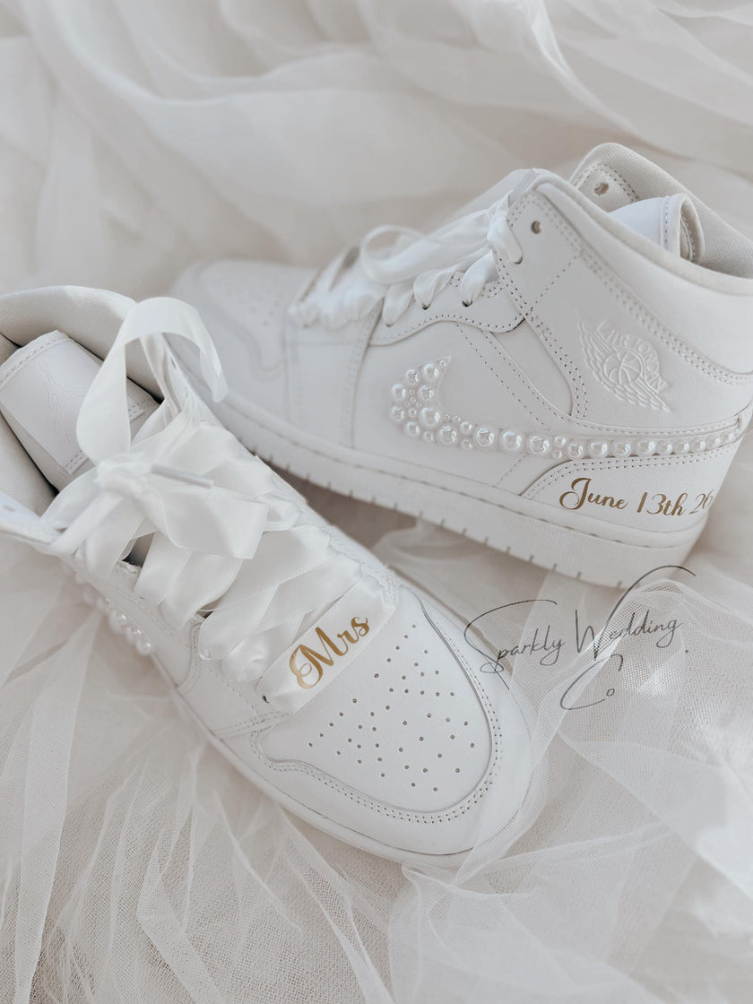 Pearl Swoosh Bridal Sneakers | Custom Nike Air Jordan Mid for Bride