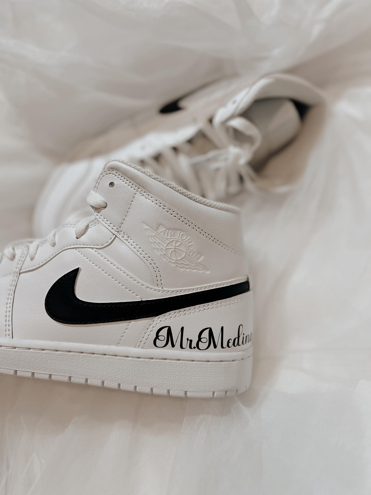 Groom's Painted Swoosh Wedding Sneakers | Custom Nike Air Jordan Mid