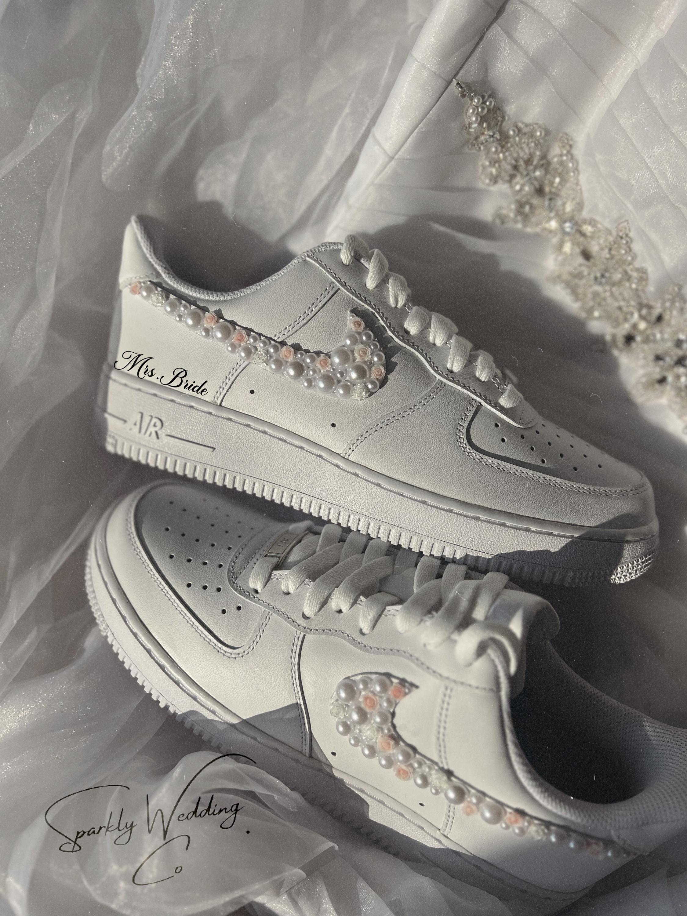 Air Force 1 Wedding Sneakers with Pearls & Pink Roses – Custom Bridal Shoes