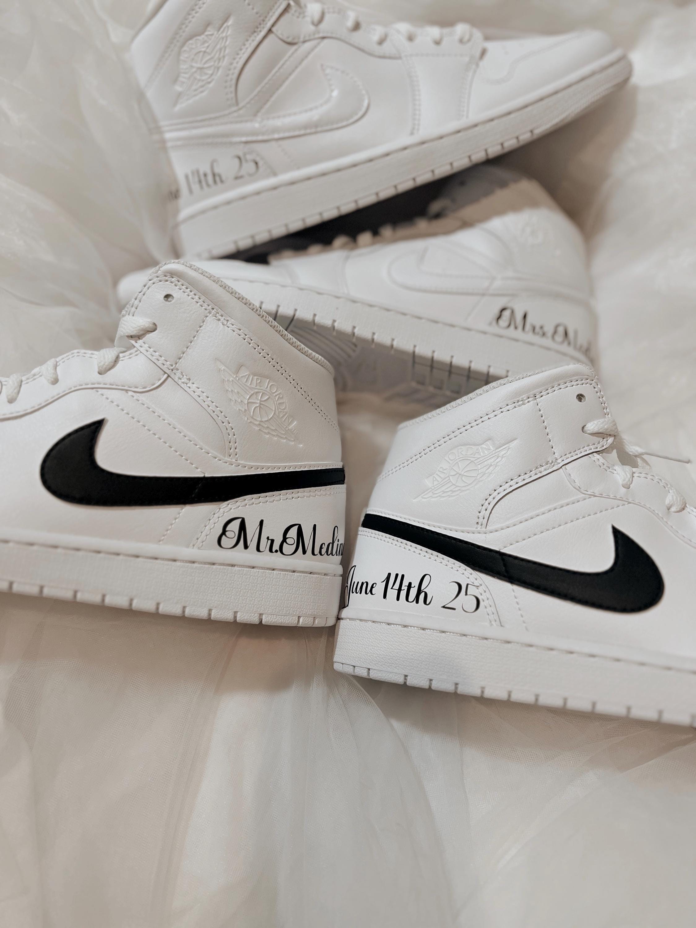 Groom's Painted Swoosh Wedding Sneakers | Custom Nike Air Jordan Mid