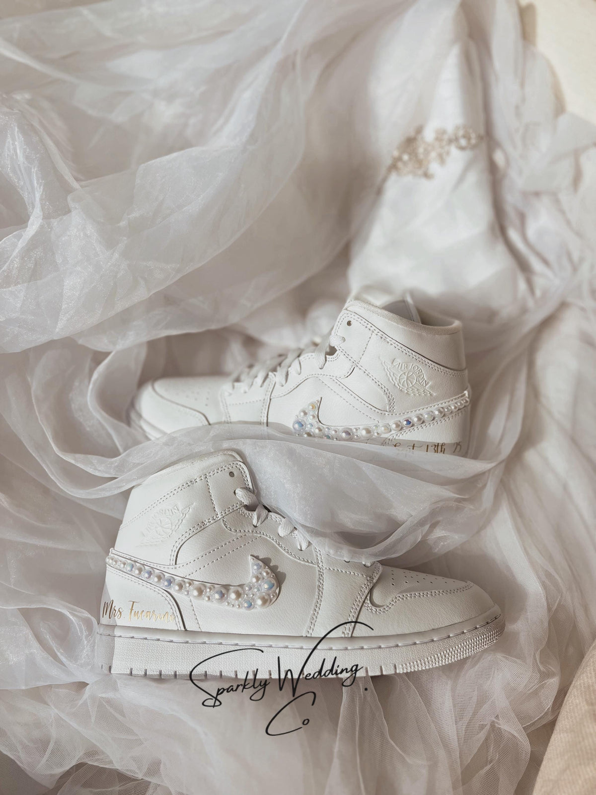 Pearl Swoosh Bridal Sneakers | Custom Nike Air Jordan Mid for Bride