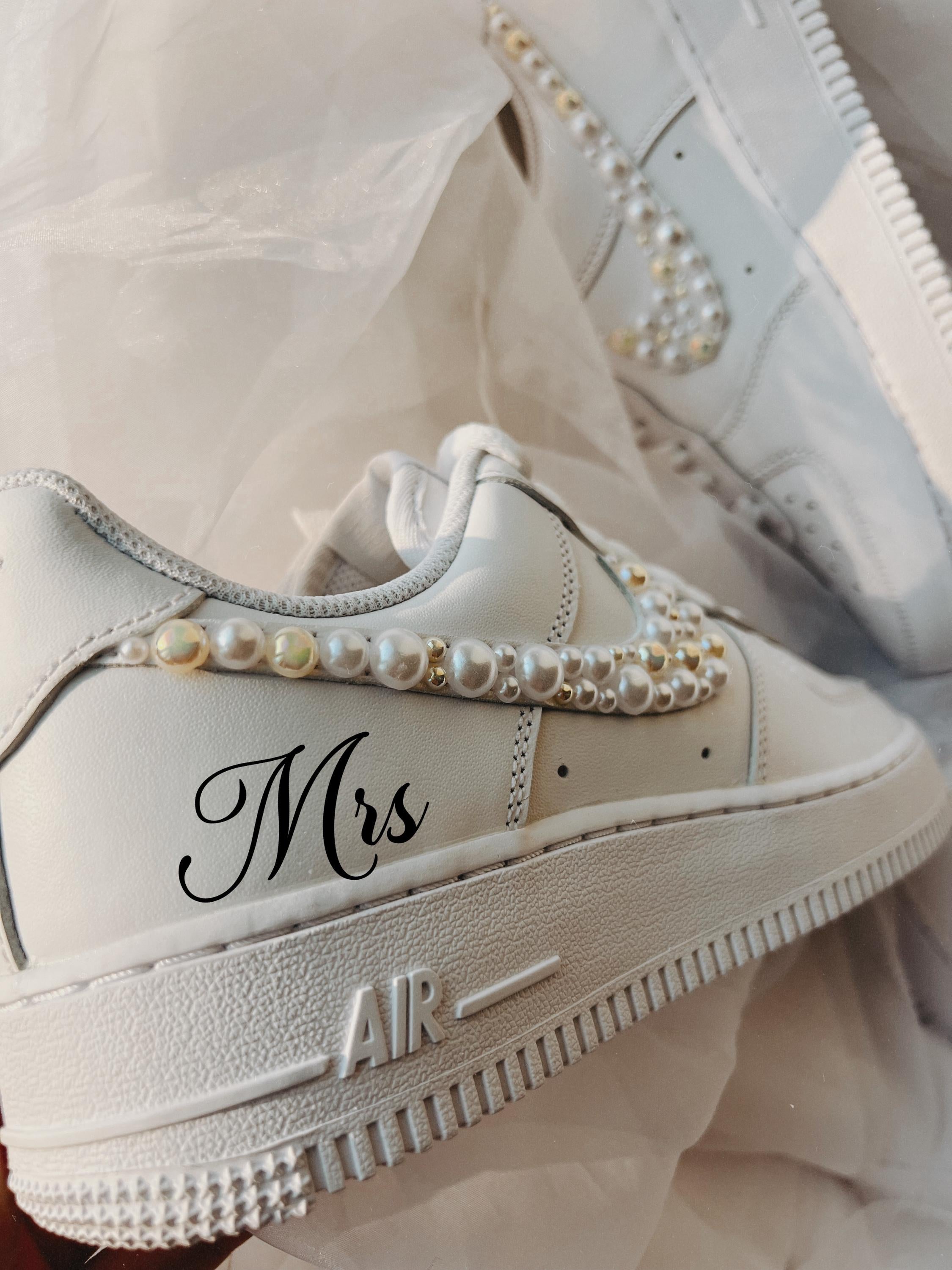 Gold Pearl Wedding Sneakers | Personalized Bridal Nike Air Force 1
