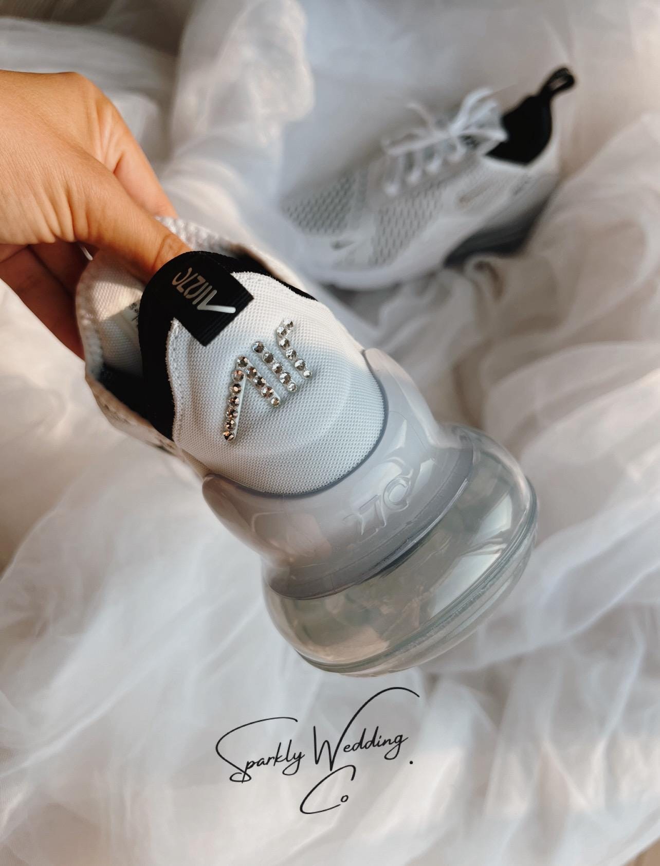Air Max 270 Bridal Sneakers: White Pearls & Blue Crystals - Personalized Wedding Shoes