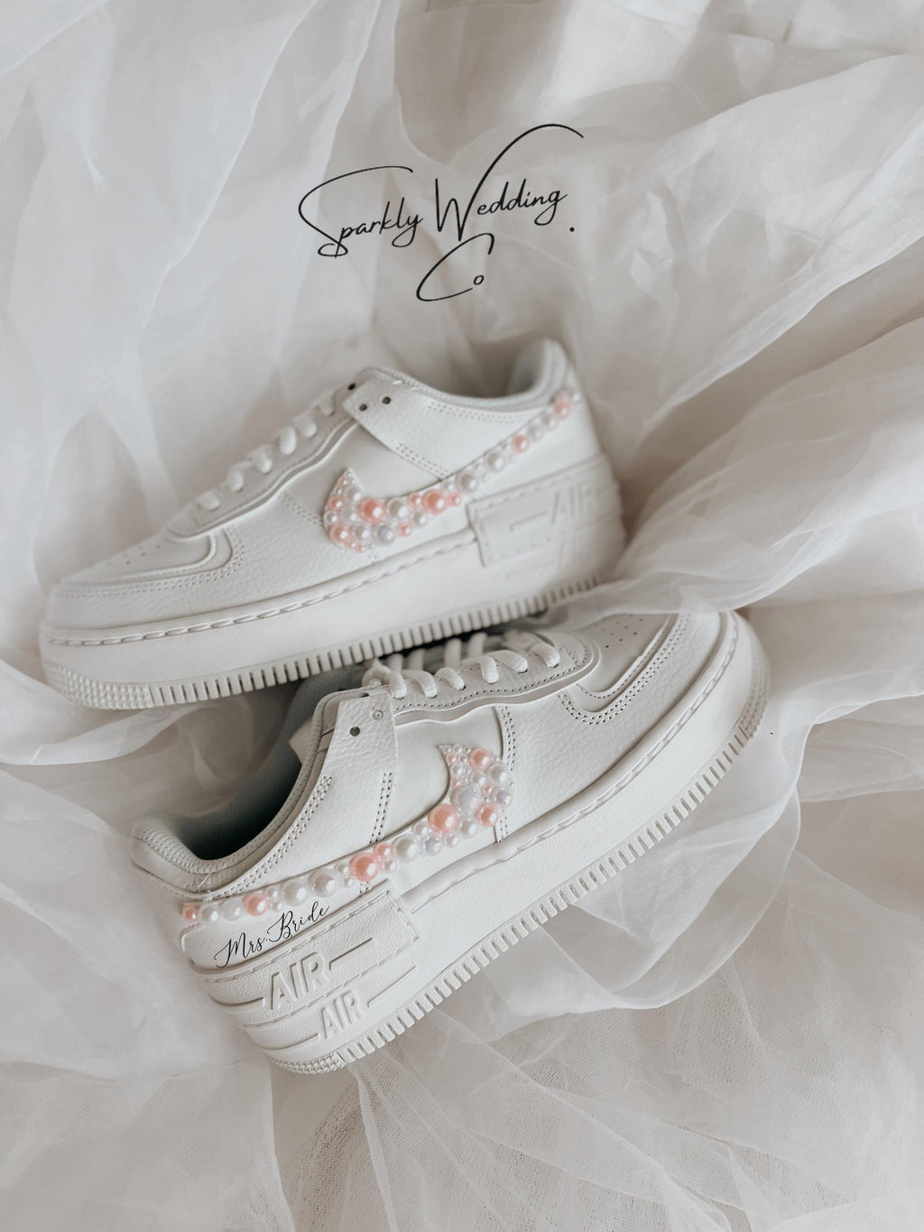 Custom Wedding Sneakers – Nike Air Force 1 Shadow Bridal Shoes with Pearls