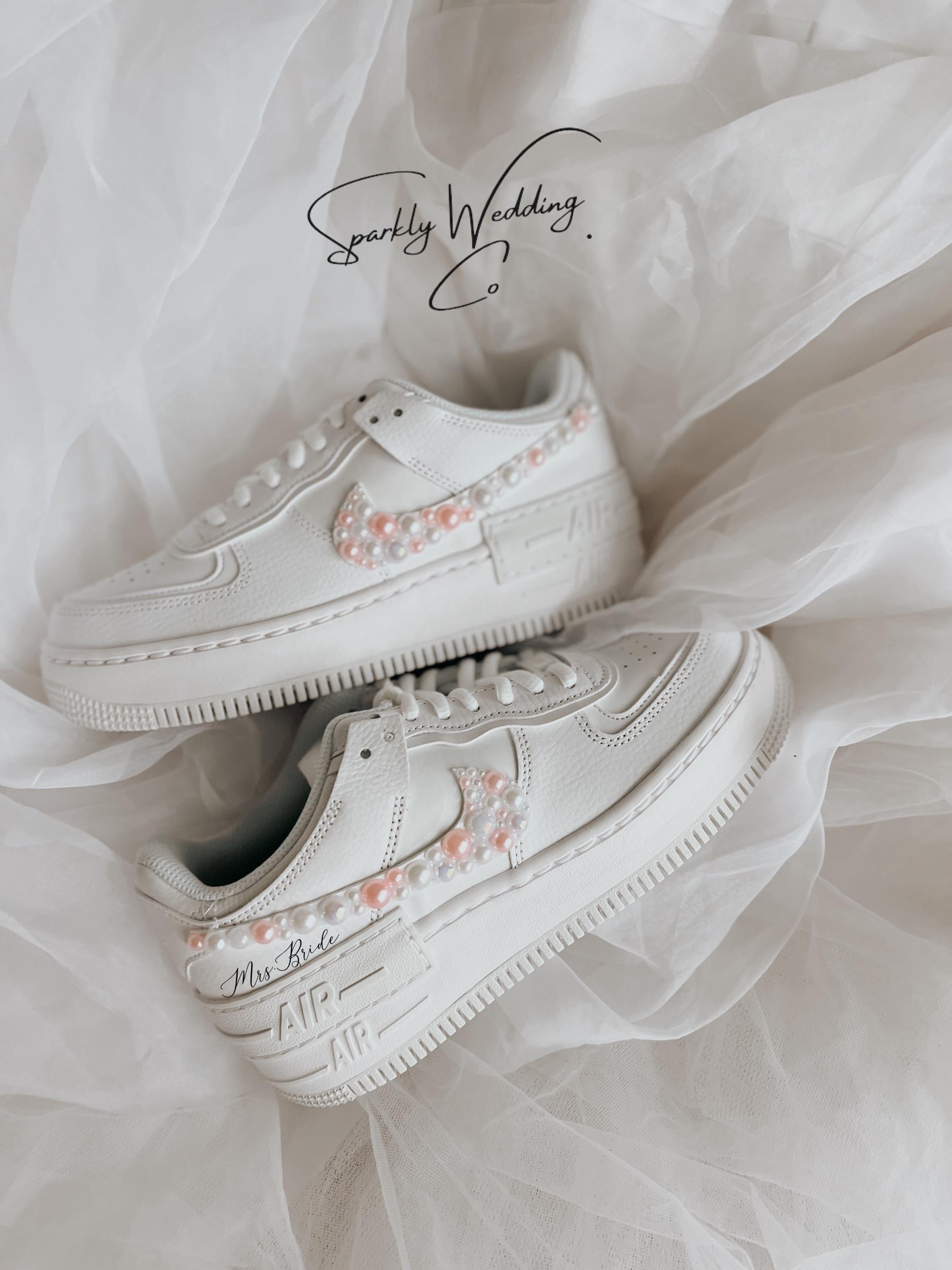 Custom Wedding Sneakers – Nike Air Force 1 Shadow Bridal Shoes with Pearls