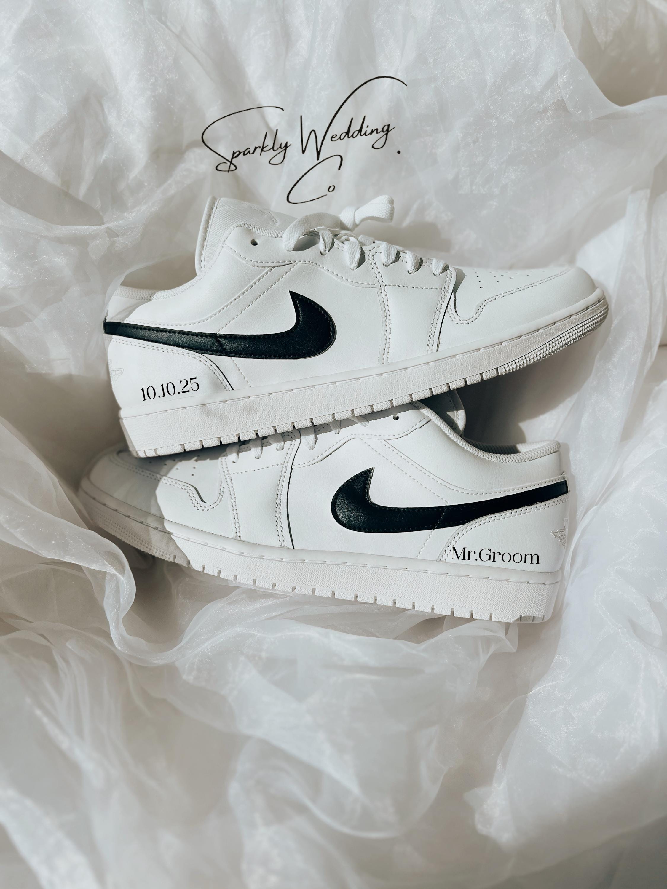 Groom's Painted Swoosh Wedding Sneakers | Custom Nike Air Jordan Low