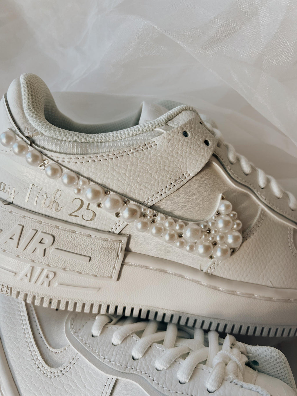 Custom Air Force Shadow-Style Wedding Sneakers with Pearls & Rhinestones