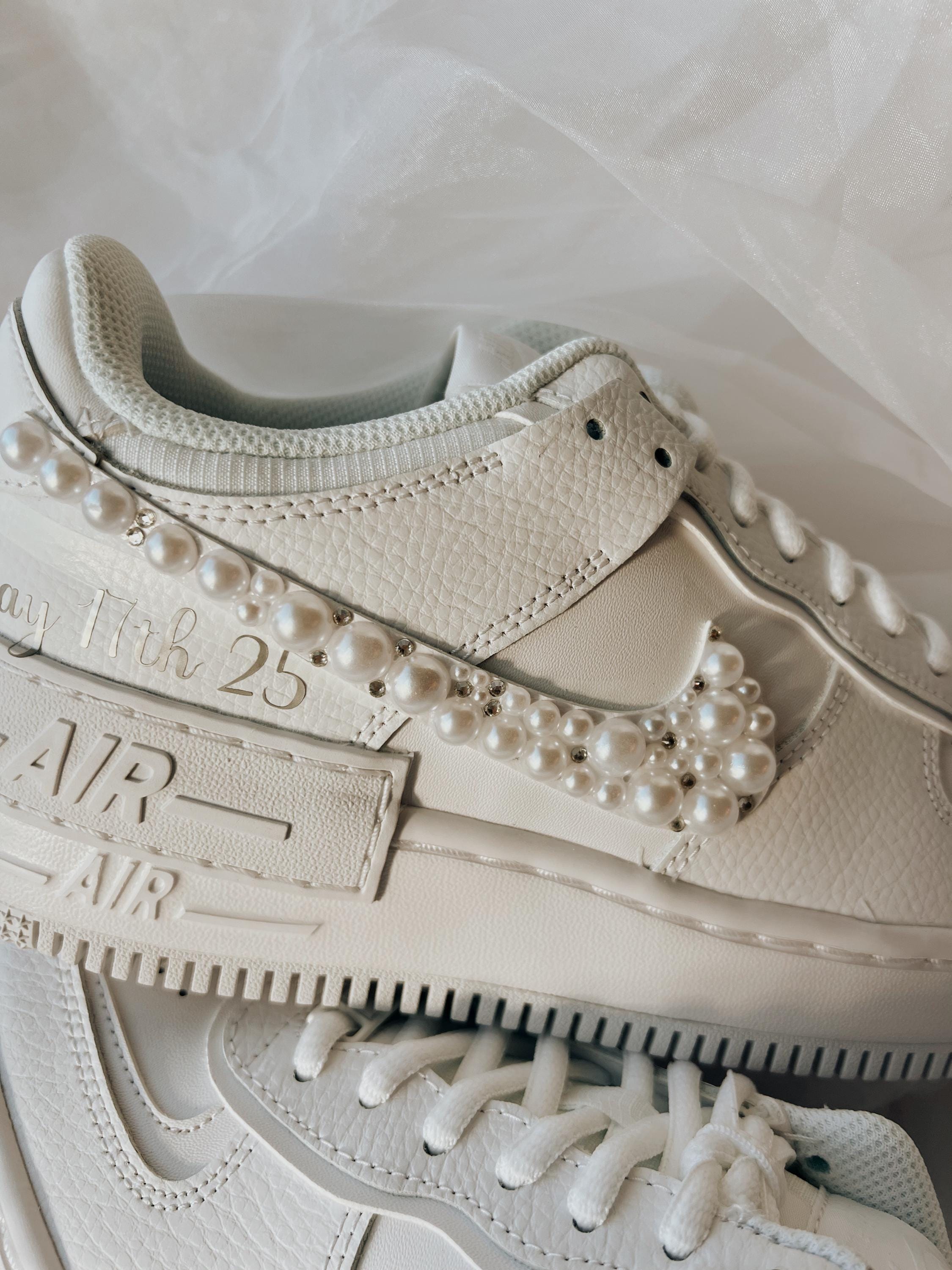 Custom Air Force Shadow-Style Wedding Sneakers with Pearls & Rhinestones