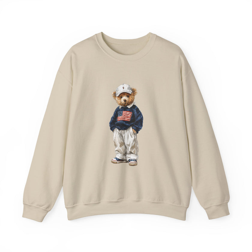 Bear Wearing Flag Sweater Crewneck Sweatshirt | Vintage Polo Bear Design