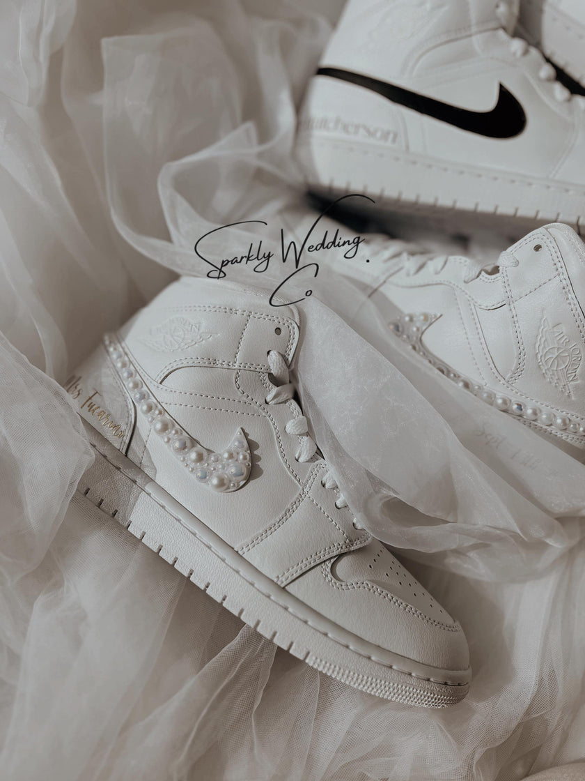 Pearl Swoosh Bridal Sneakers | Custom Nike Air Jordan Mid for Bride