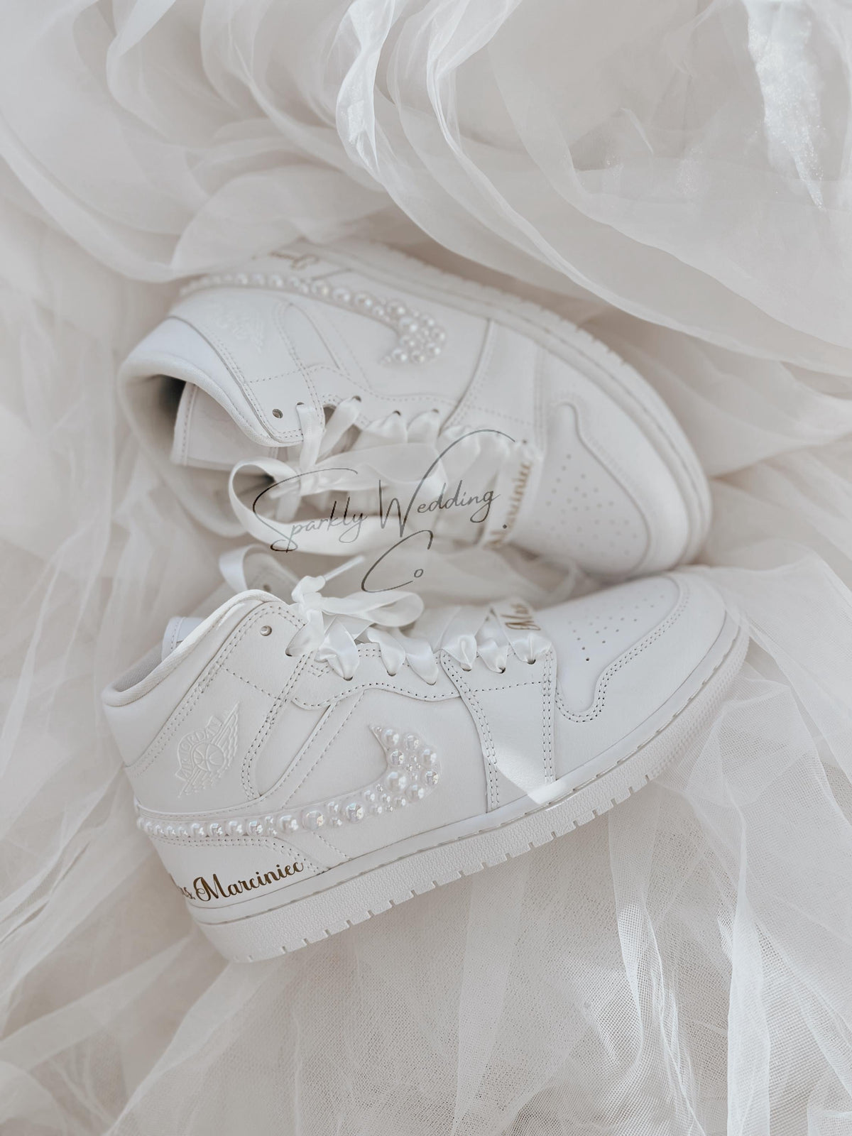 Pearl Swoosh Bridal Sneakers | Custom Nike Air Jordan Mid for Bride
