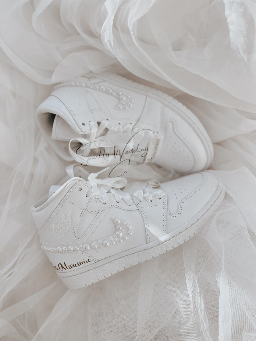 Pearl Swoosh Bridal Sneakers | Custom Nike Air Jordan Mid for Bride