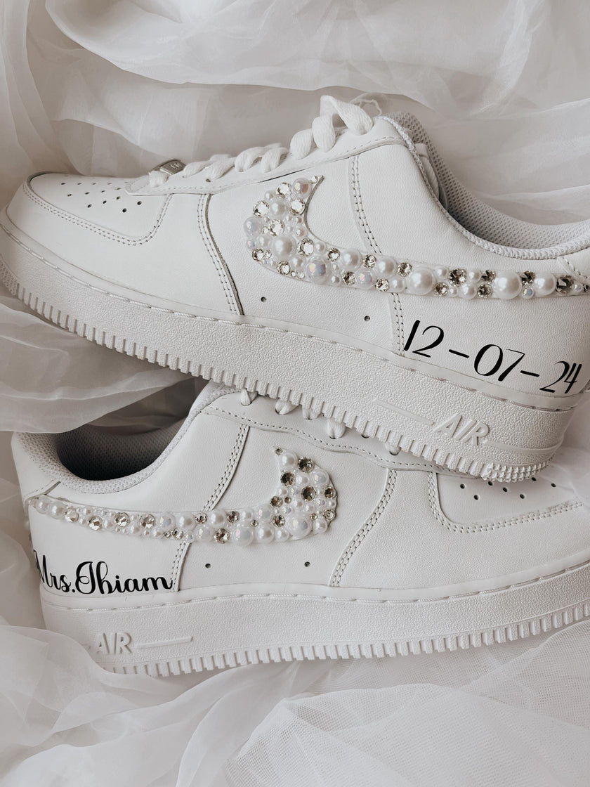 Rhinestone & Pearl Wedding Sneakers: Personalized Bridal Air Force 1