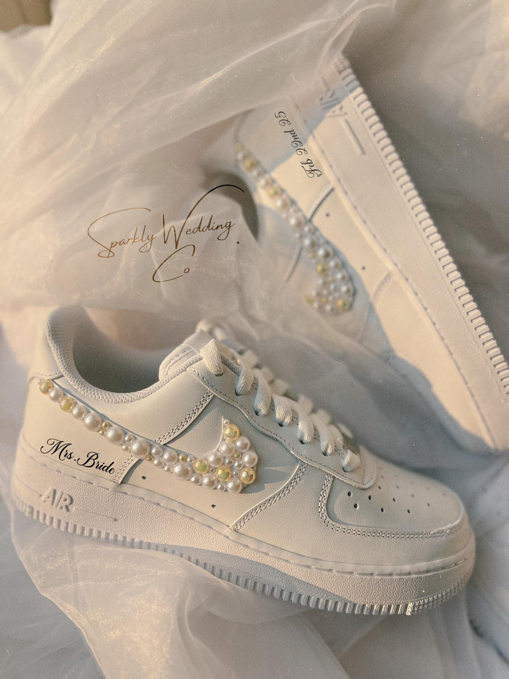 Gold Pearl Wedding Sneakers | Personalized Bridal Nike Air Force 1
