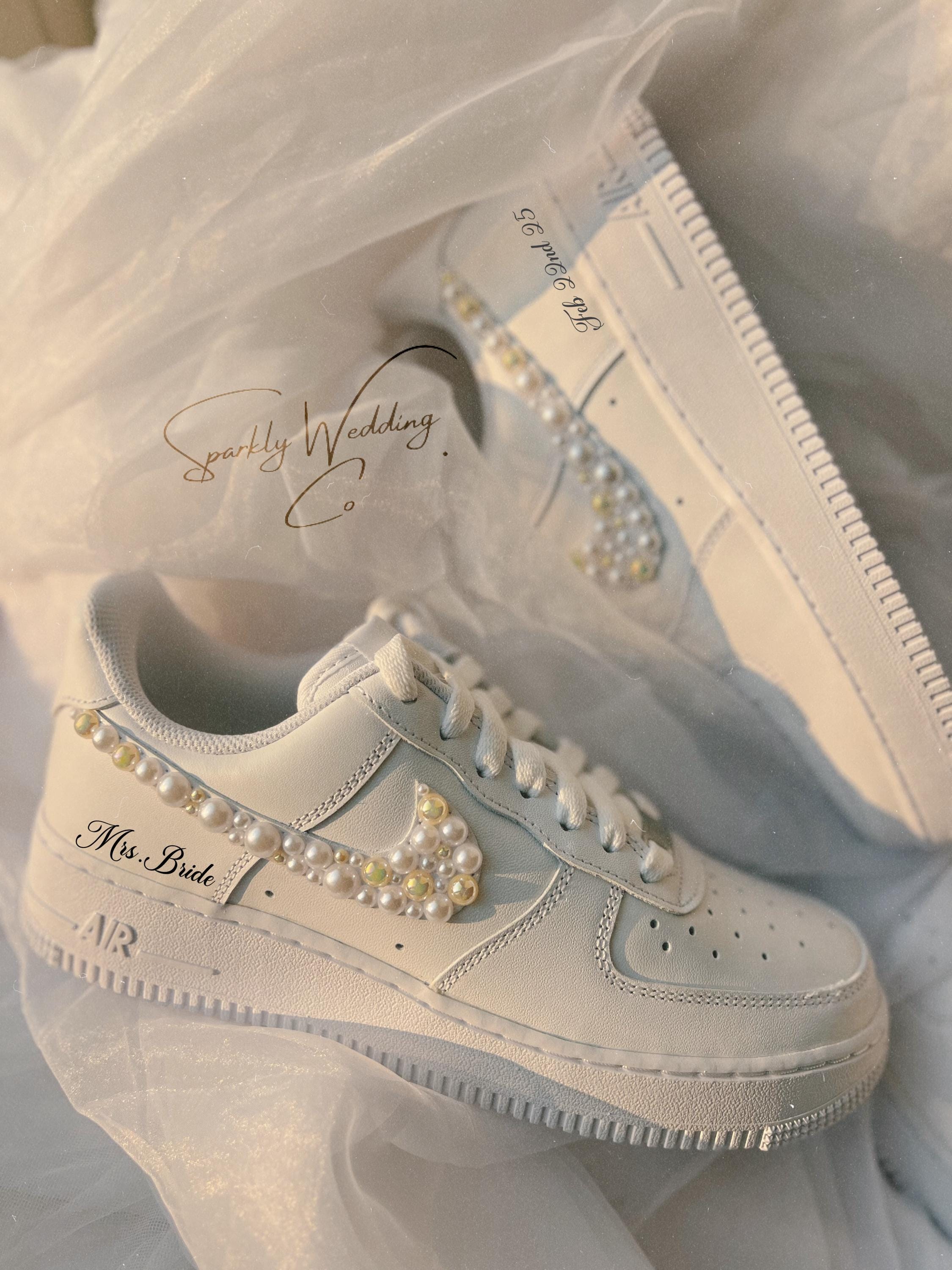 Gold Pearl Wedding Sneakers | Personalized Bridal Nike Air Force 1