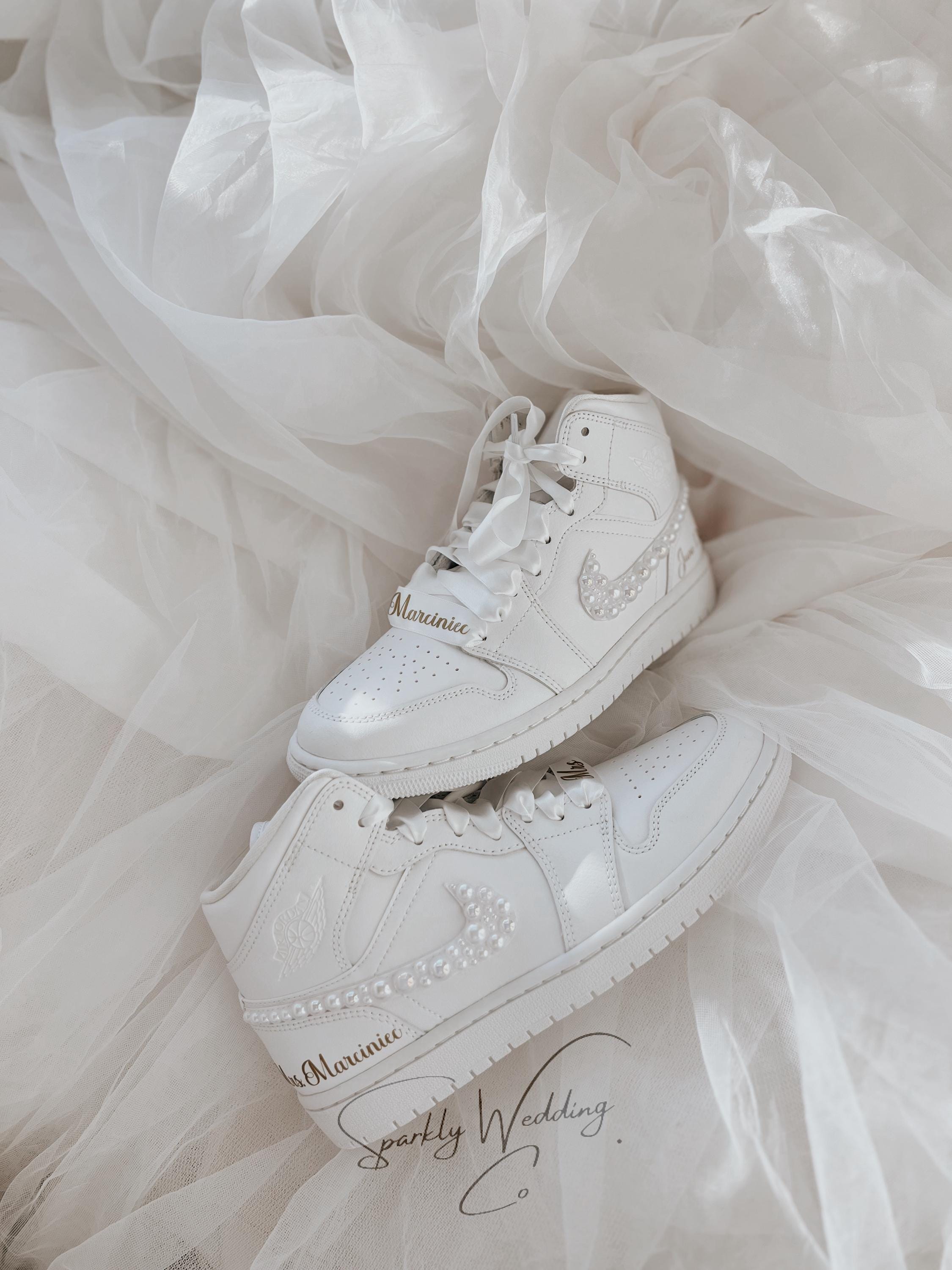 Pearl Swoosh Bridal Sneakers | Custom Nike Air Jordan Mid for Bride