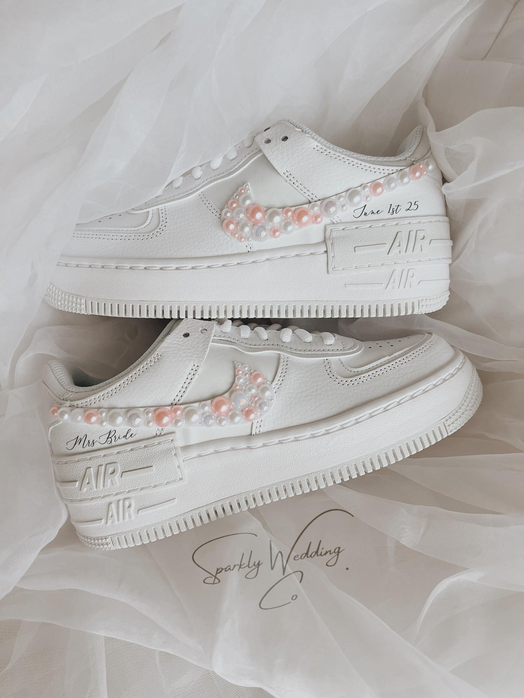Custom Wedding Sneakers – Nike Air Force 1 Shadow Bridal Shoes with Pearls