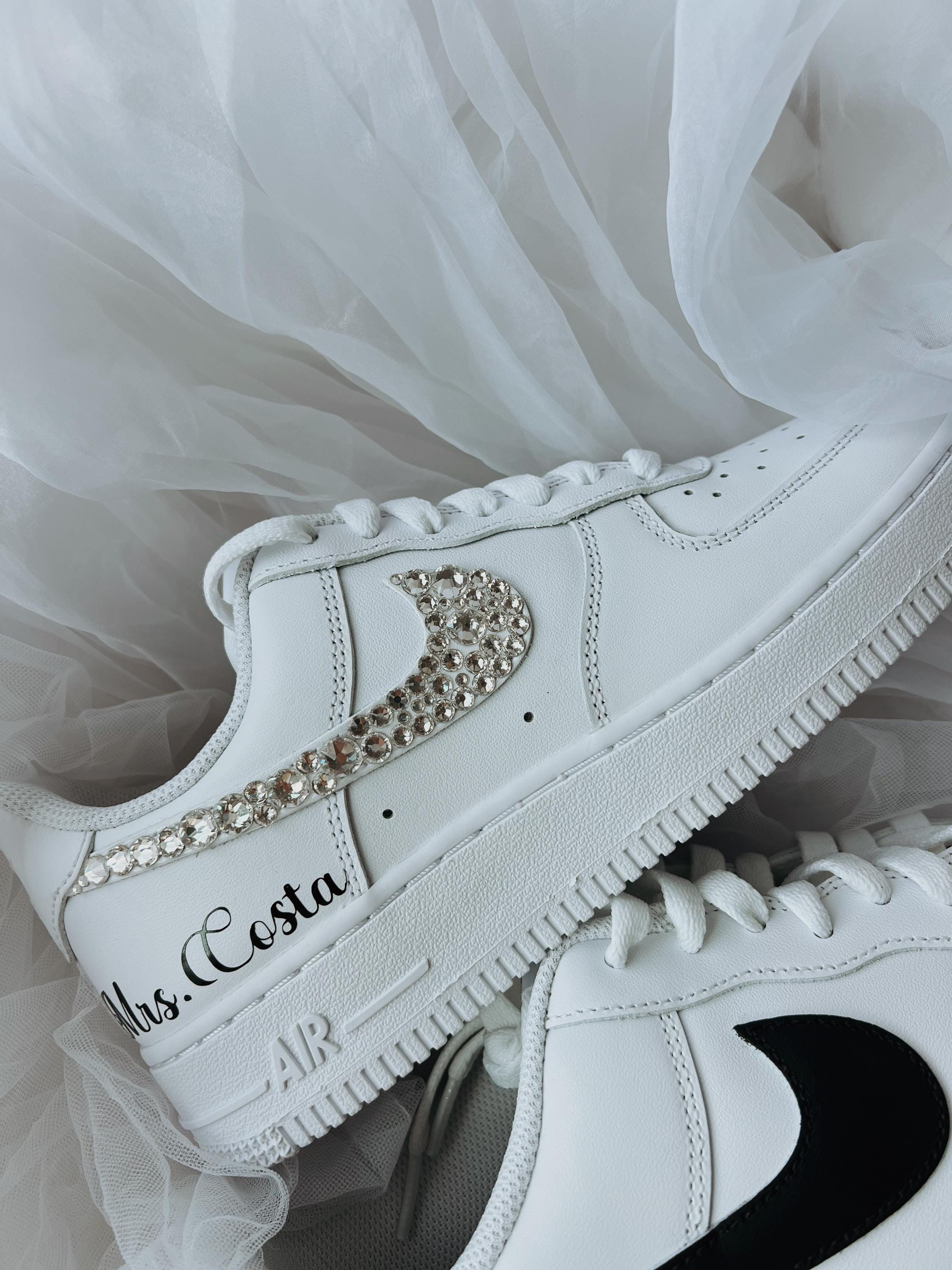 Bride wedding sneakers featuring rhinestone details and custom lettering