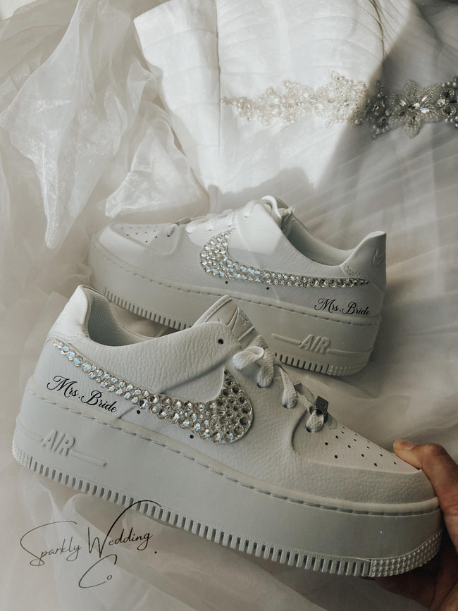 Custom bridal Air Force 1 Sage sneakers featuring hand-applied rhinestones, personalized wedding shoes for all-day comfort