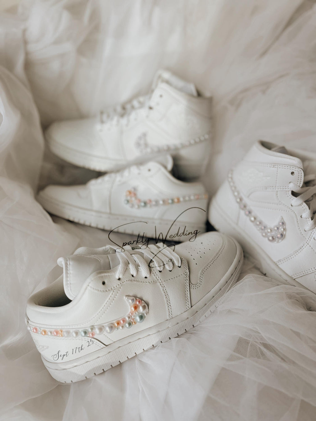 Personalized Air Jordan Low wedding sneakers customized with bride’s name and wedding date in elegant bridal lettering.