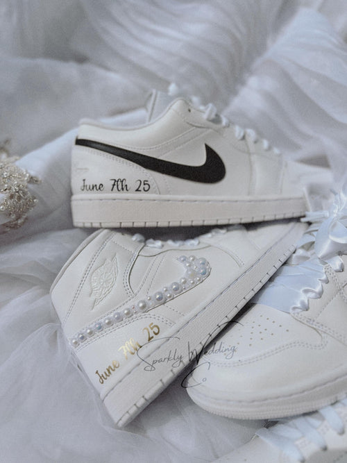 Side view of custom his and hers Air Jordan wedding sneakers for bride and groom